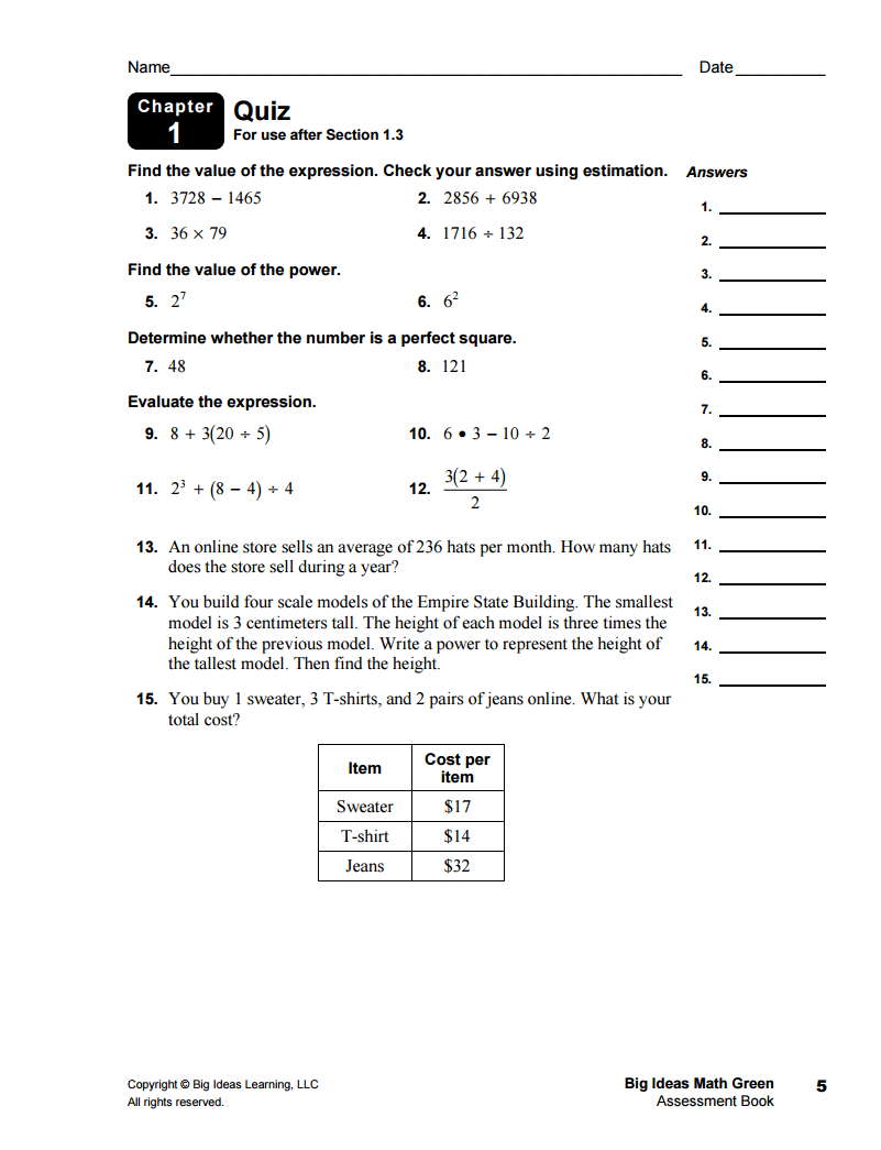 The Mid-Chapter Quiz – Big Ideas Math